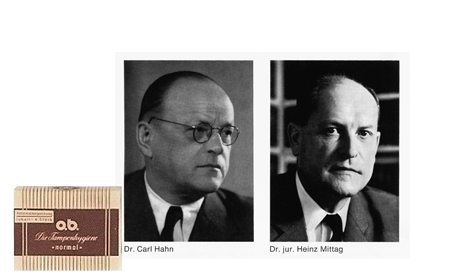 Imagine care conține poza produsului, portretul doctorului Carl Hahn si portretul avocatului Heinz Mittag.