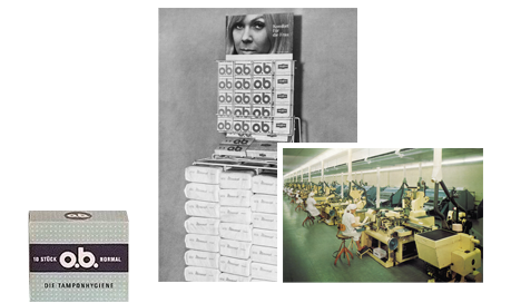 Imagine care conține poza produsului într-un nou ambalaj, poza din fabrica de tampoane și o poză cu produsele O.B. așezate într-un raft din supermarket.