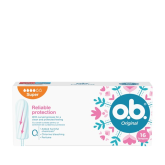 Imagine cu un pachet de tampoane O.B.® Original Super. Produsul are patru picături, care indică faptul că este adecvat pentru zilele cu flux mediu spre abundent.