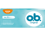 Imagine cu un pachet de tampoane O.B.® Original Super. Produsul are patru picături, care indică faptul că este adecvat pentru zilele cu flux mediu spre abundent.